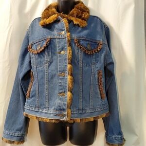 Vintage Y2K Tasha Polizzi Faux Fur Trim Denim Trucker Jacket Sz X Large